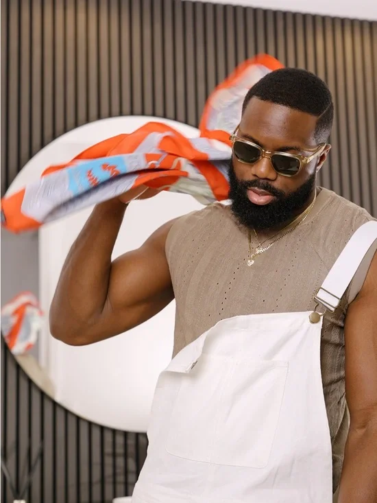 White Denim Overalls with Orange & Light Blue Scarf Accent - Picture 2 of 3